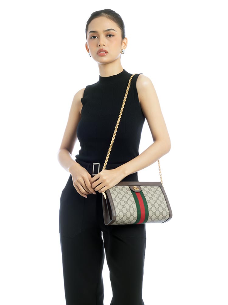GG Supreme Web Ophidia Small Chain Shoulder Bag Beige Ebony