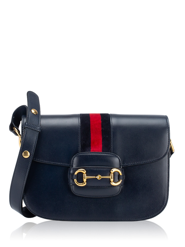 Calfskin Horsebit 1955 Shoulder Bag with Velvet Web Blue