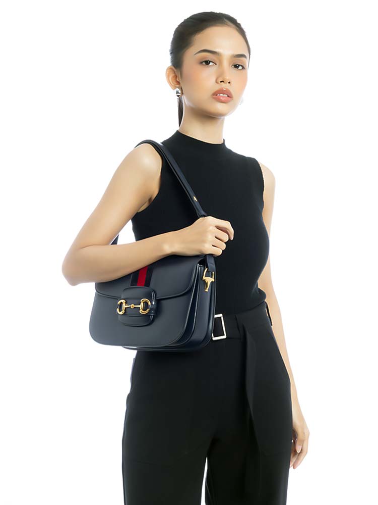 Calfskin Horsebit 1955 Shoulder Bag with Velvet Web Blue