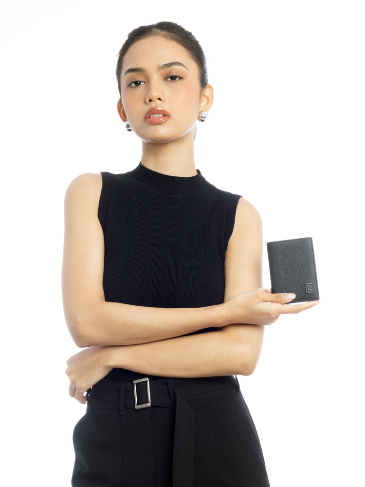 Grainy Calfskin Leather TB Folding Card Case Black