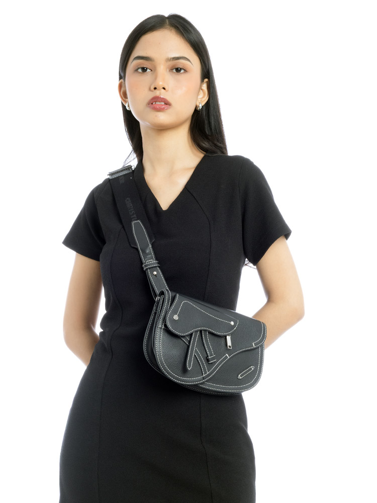 X KAWS Grained Calfskin Saddle Pouch Black