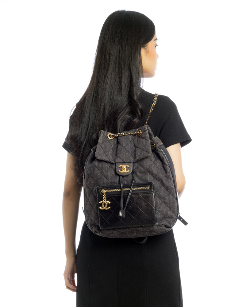 Washed Denim CC Drawstring Backpack Black