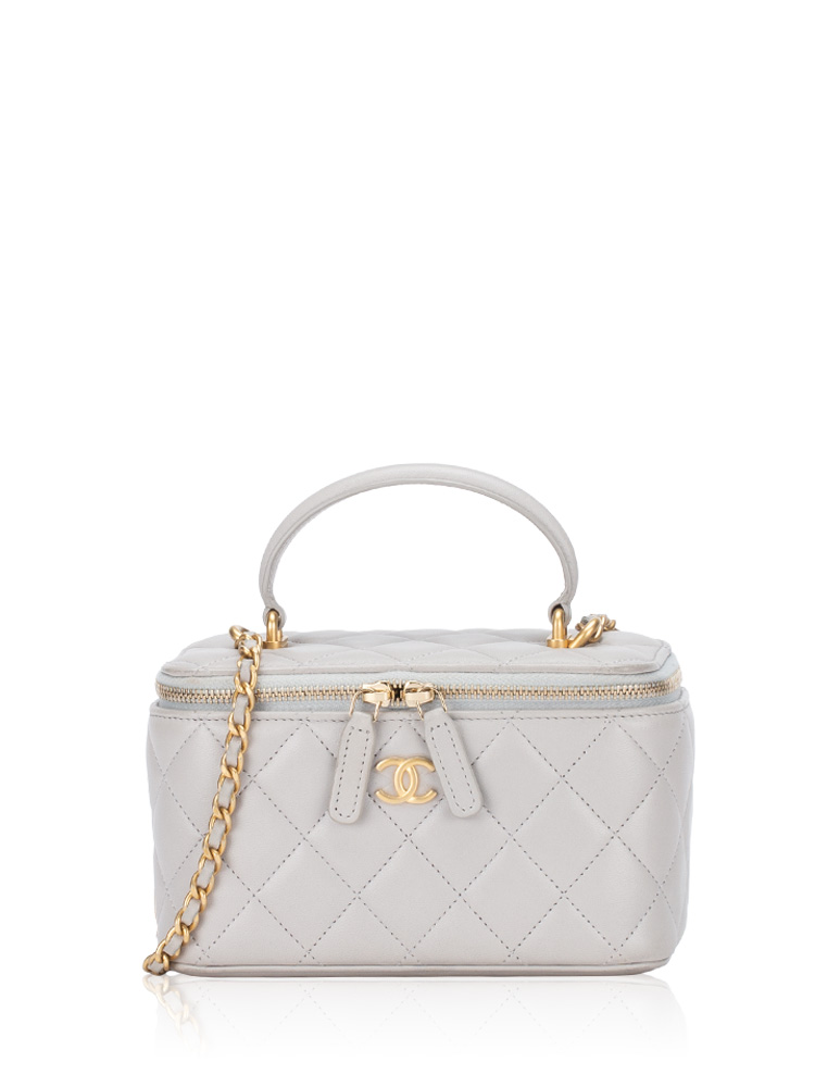 Lambskin Small Top Handle Vanity Case With Chain Light Grey