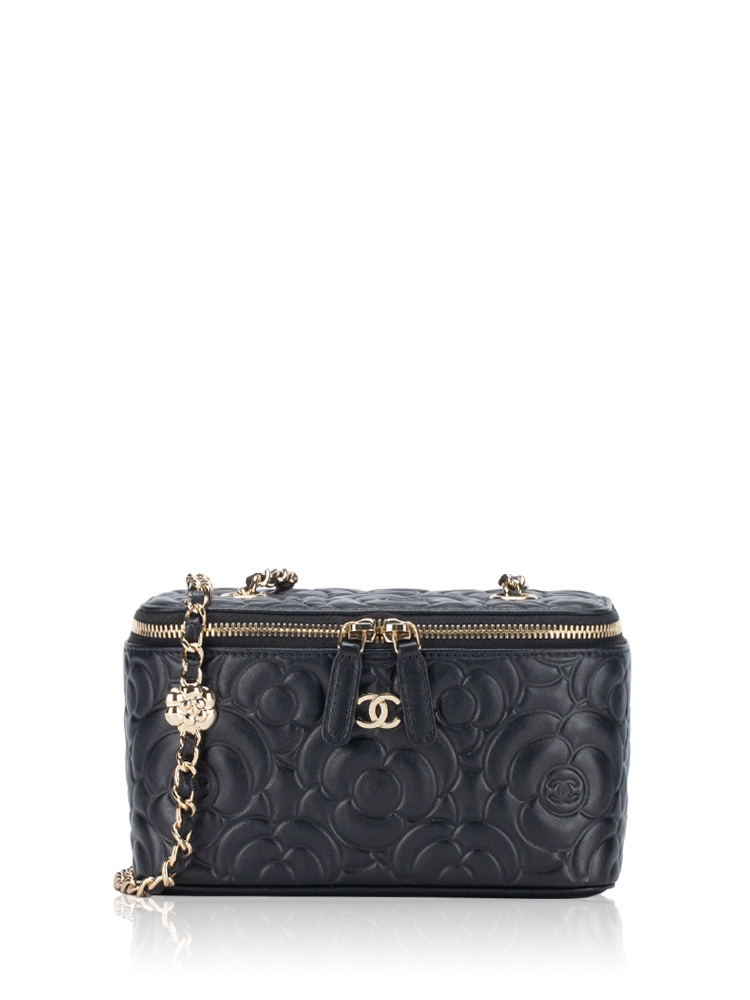 Lambskin Camellia Small Vanity Case With Chain Black