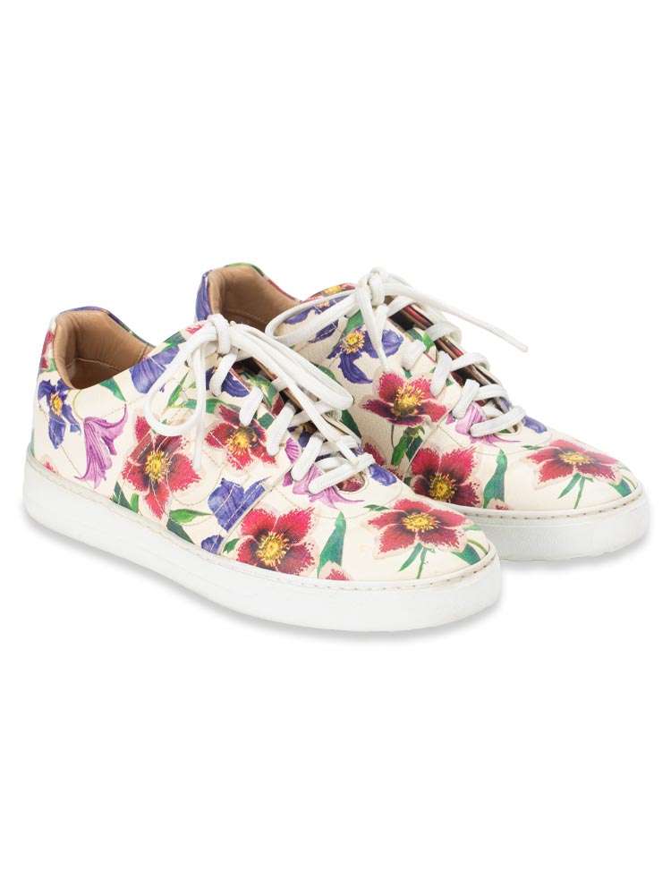 Calfskin Floral Fasano Sneakers White Multicolor Sz 7