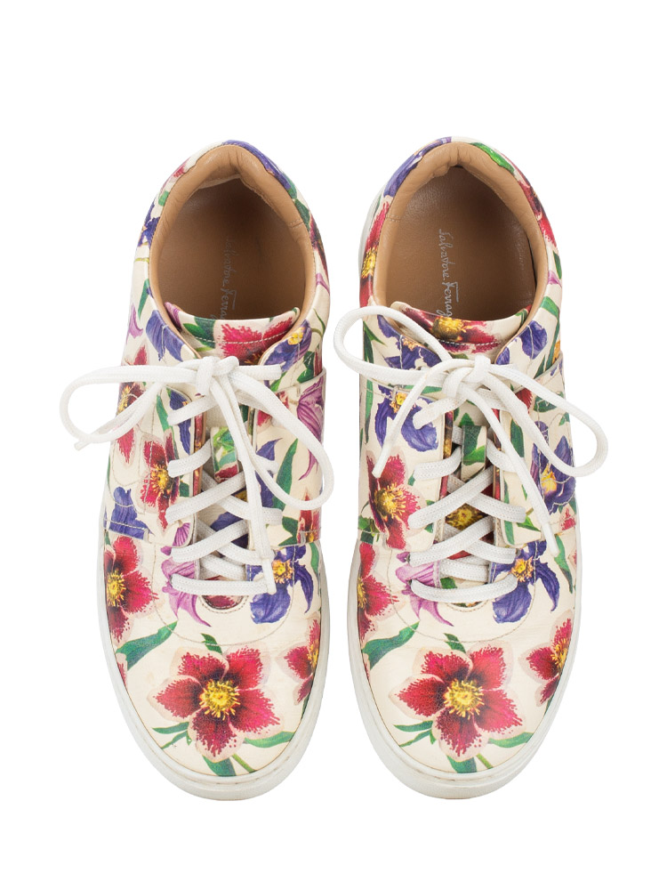 Calfskin Floral Fasano Sneakers White Multicolor Sz 7