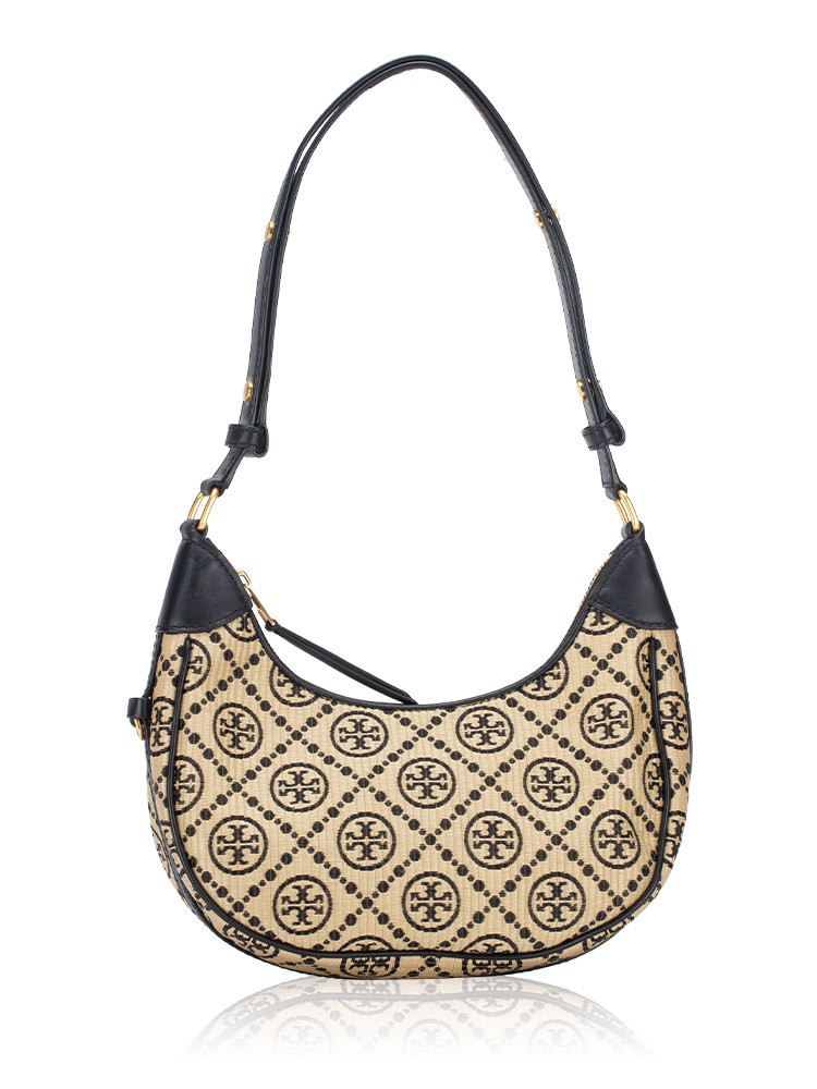 T Monogram Raffia Crescent Bag Black
