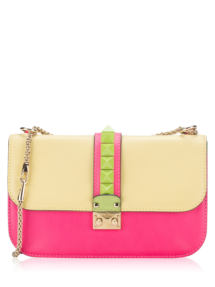 Vitello Rockstud Glam Lock Medium Flap Bag Pink Yellow Green