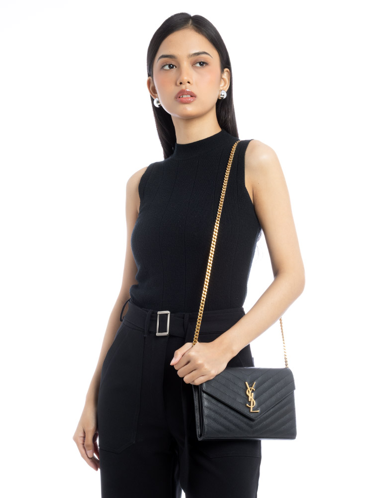 Grain De Poudre Matelasse Monogram 22cm Chain Wallet Black