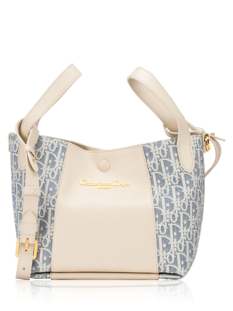 Oblique Calfskin Signature Small Bucket Bag Beige