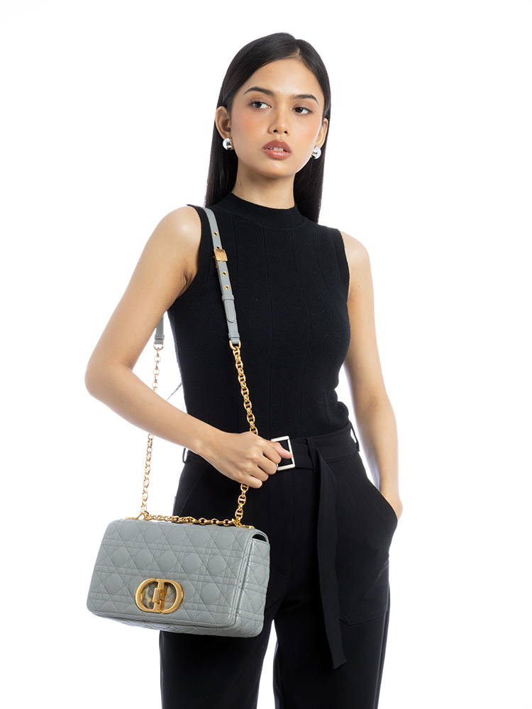Calfskin Cannage Caro Medium Shoulder Bag Grey