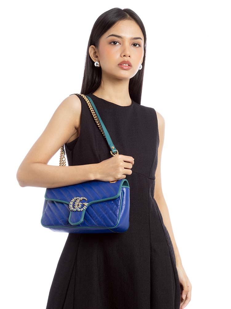 Calfskin Matelasse GG Marmont Torchon Small Shoulder Bag Imperial Blue