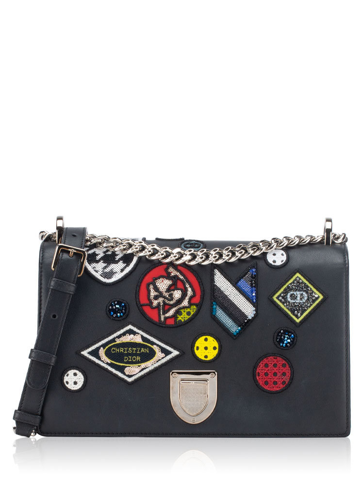 Calfskin Patch Embellished Diorama Medium Shoulder Bag Black