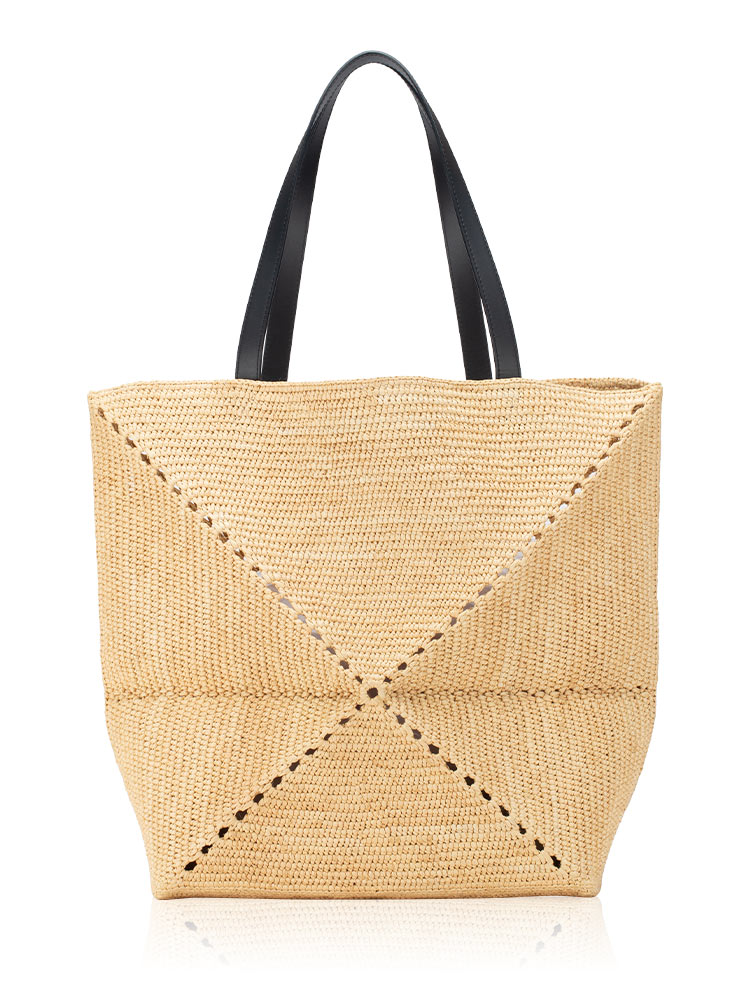 Raffia Calfskin Puzzle Fold XL Tote Natural Black