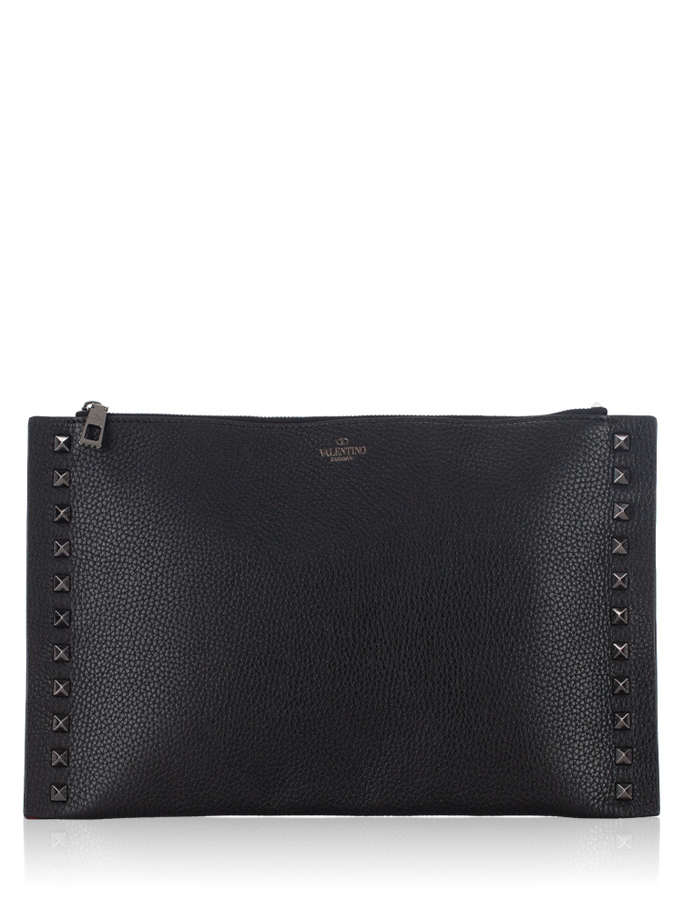 Pebbled Calfskin Rockstud Large Flat Pouch Black