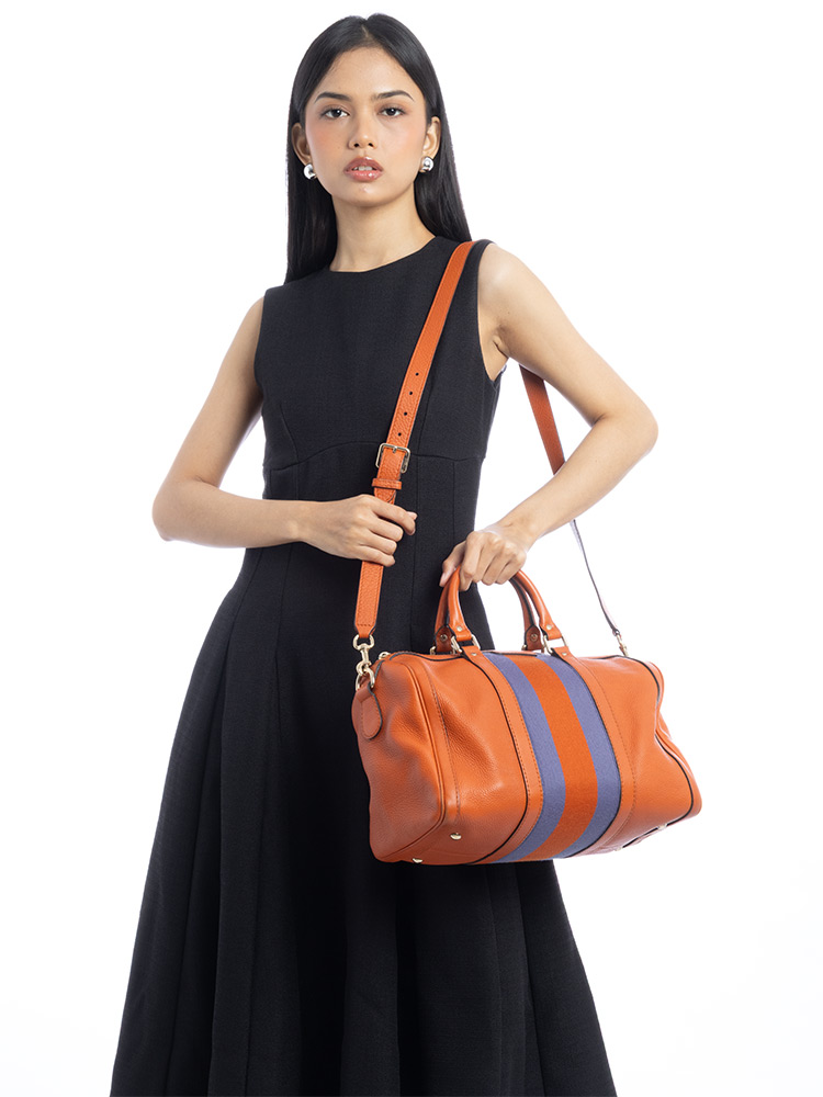 Calfskin Vintage Web Medium Boston Bag with Strap Orange