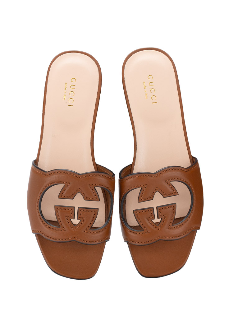 Calfskin Interlocking G Cut Out Slide Sandals Cuir Sz 35.5