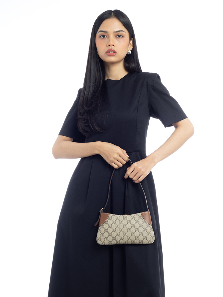 GG Canvas Calfskin Emblem Small Shoulder Bag Beige Ebony
