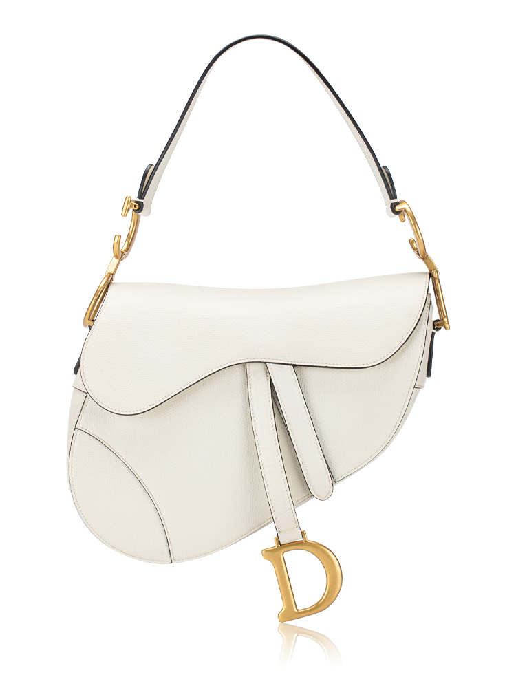 Grained Calfskin Medium Saddle Bag White