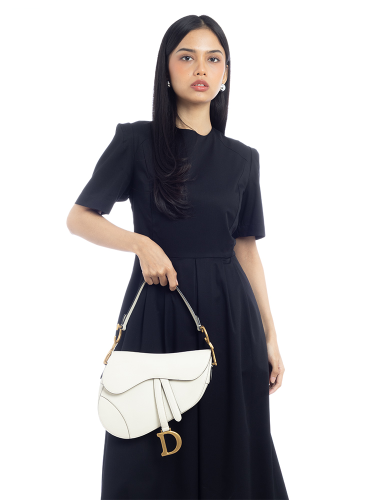 Grained Calfskin Medium Saddle Bag White