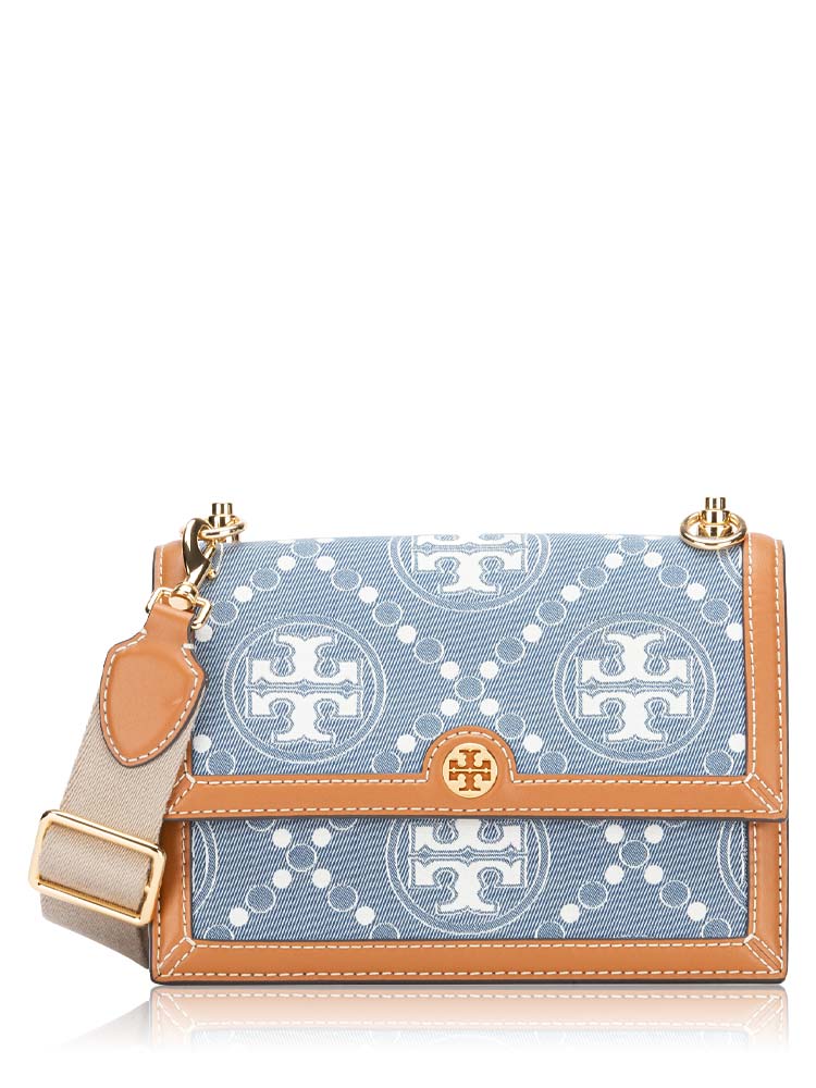 T Monogram Denim Small Shoulder Bag Blue