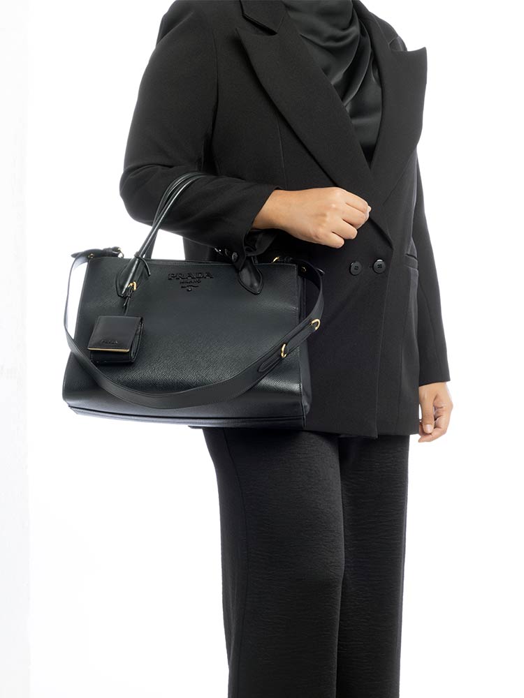 1BA155 Saffiano Cuir Monochrome Medium Satchel Nero