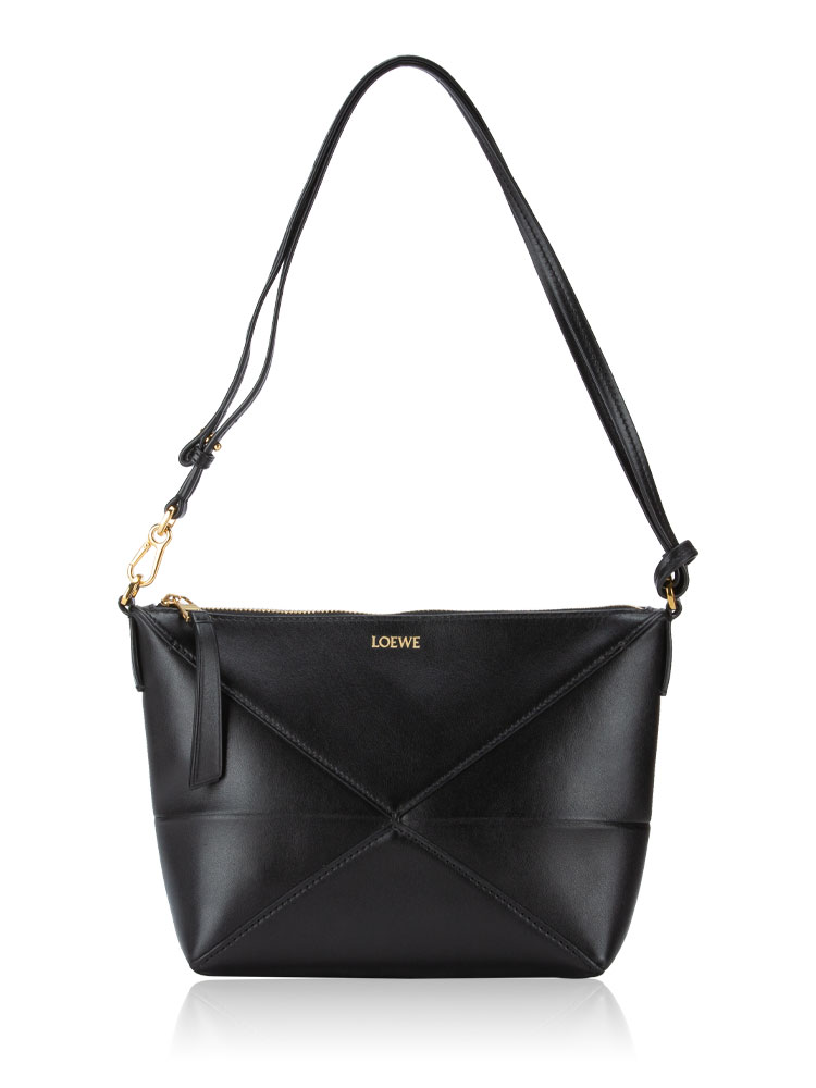 Shiny Calfskin Puzzle Fold Shoulder Bag Black