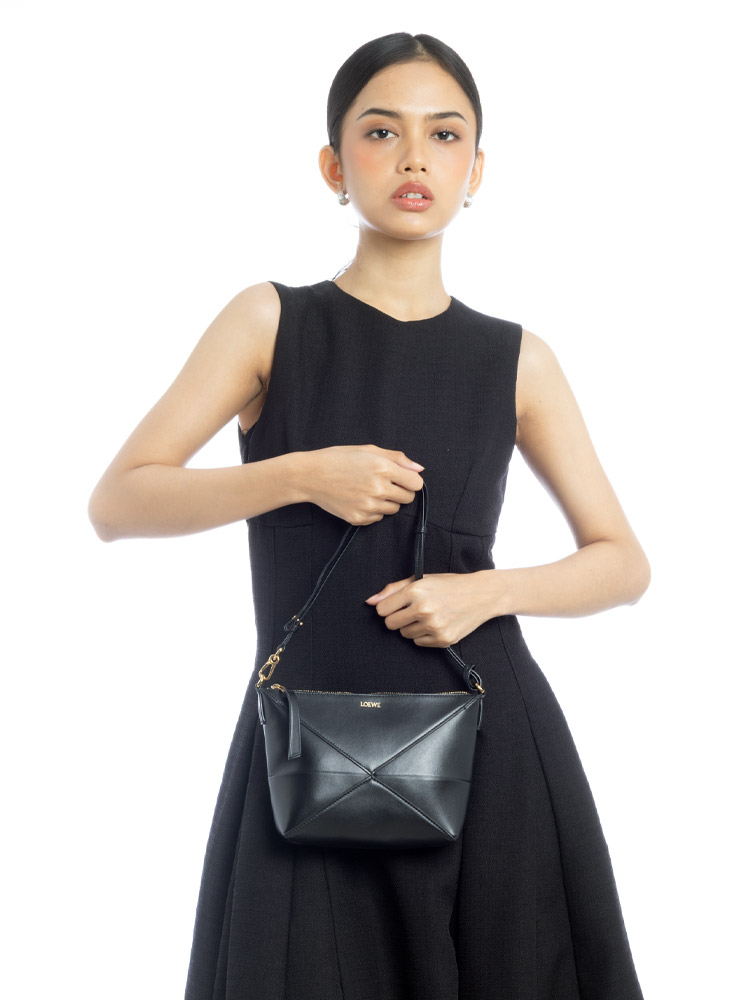 Shiny Calfskin Puzzle Fold Shoulder Bag Black