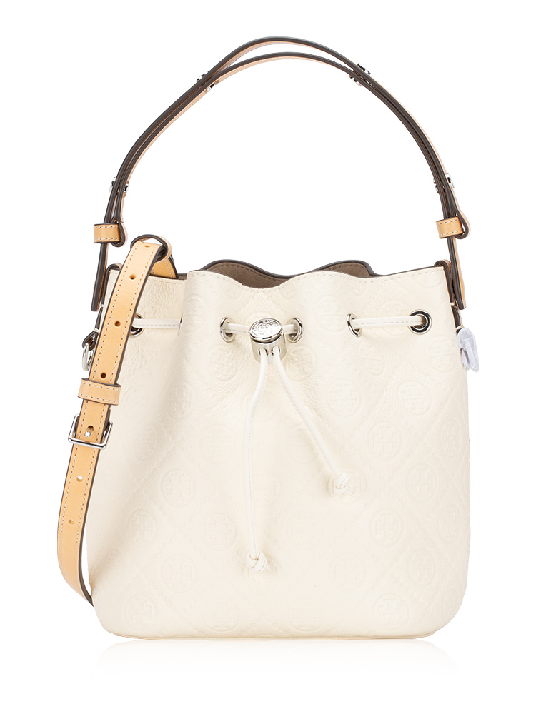 T Monogram Pebble Leather Bucket Bag Warm White