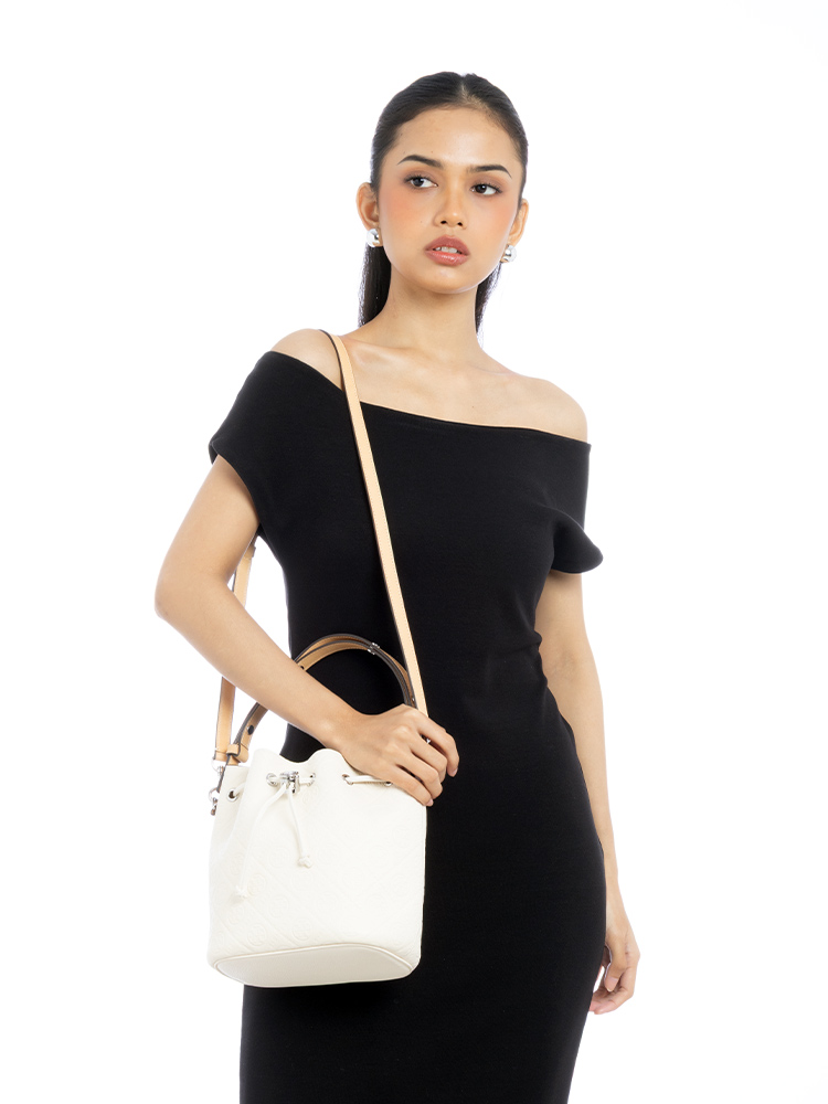 T Monogram Pebble Leather Bucket Bag Warm White