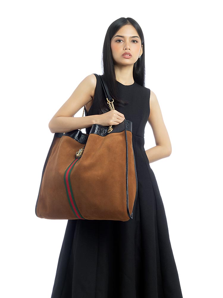 Suede Calfskin Rajah Maxi Chain Tote Brown