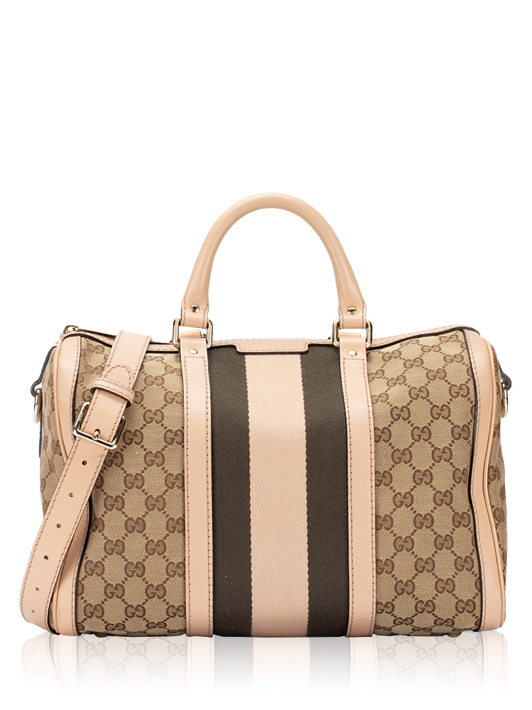 GG Vintage Web Medium Boston Bag with Strap Beige Cream
