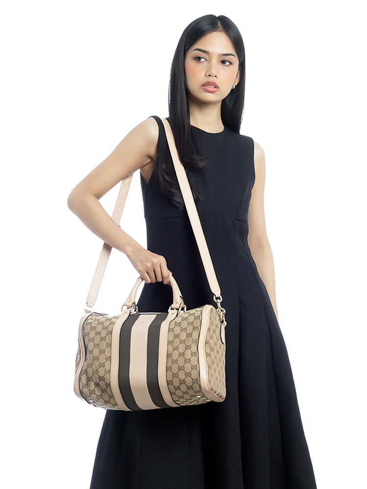GG Vintage Web Medium Boston Bag with Strap Beige Cream