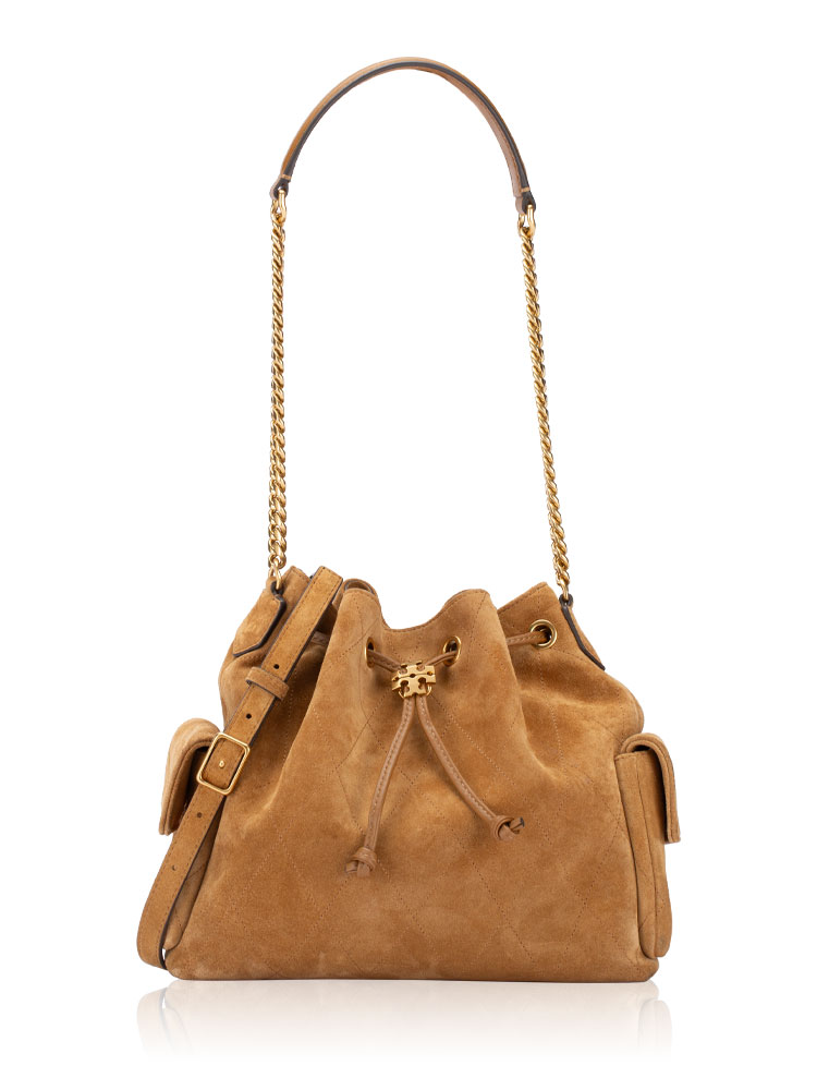 Quilted Suede Charlie Drawstring Shoulder Bag Toffee