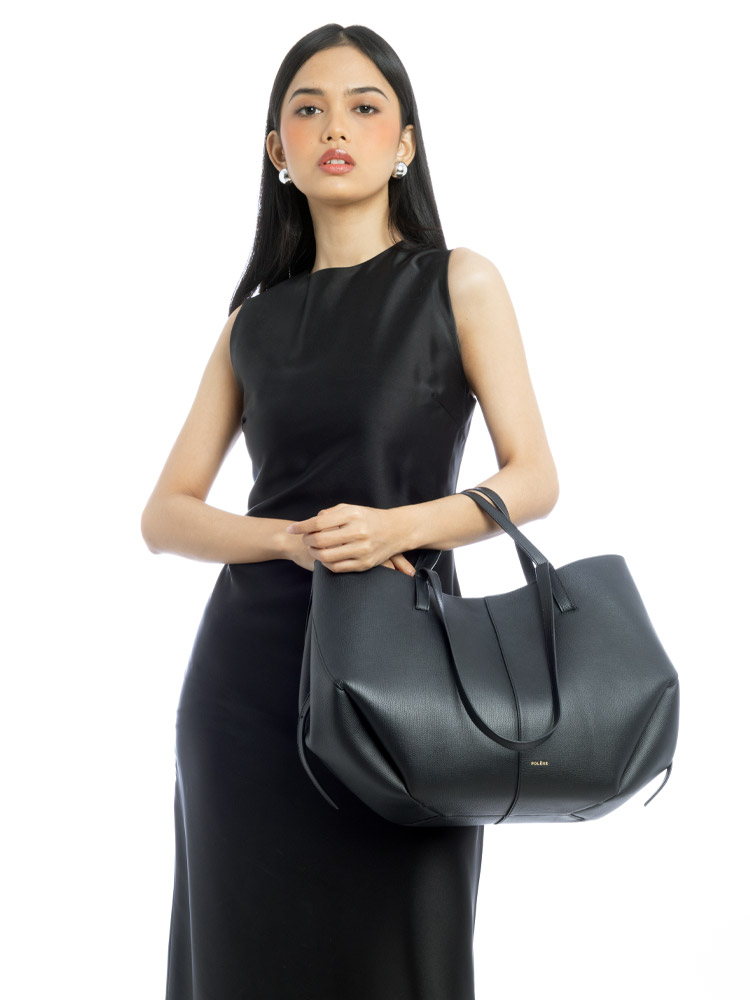 Textured Calfskin Cyme Tote Black