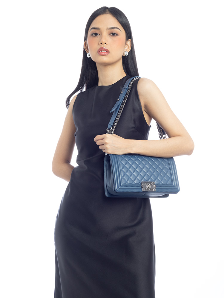 Caviar Boy Medium Flap Bag Dark Blue