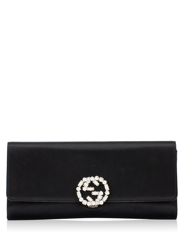 Satin Embellished Interlocking G Broadway Clutch Black