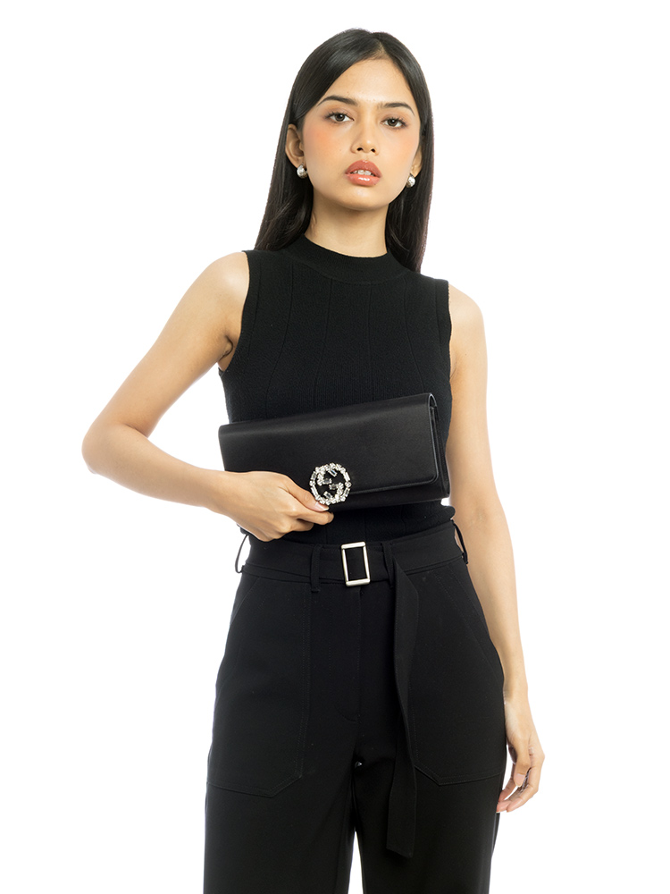 Satin Embellished Interlocking G Broadway Clutch Black