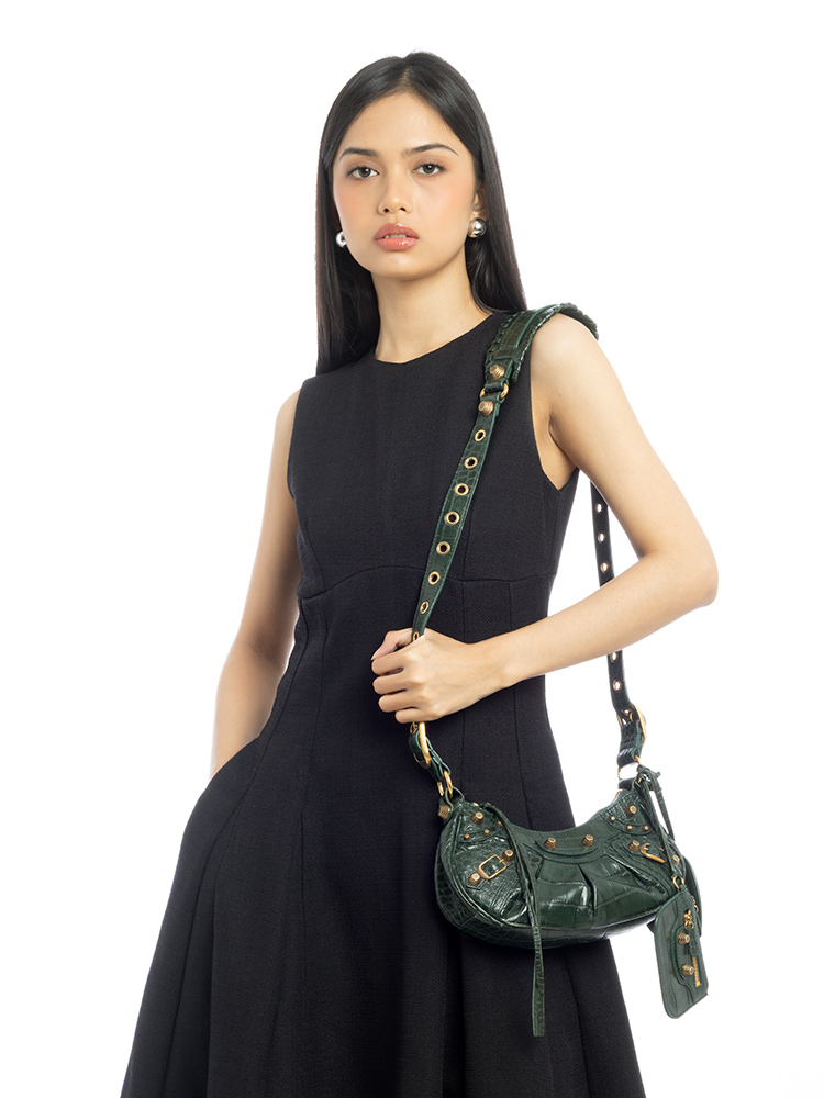 Croco Effect Le Cagole XS Shoulder Bag Forest Green