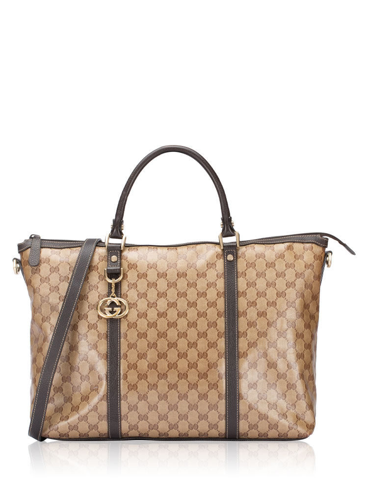 Crystal Interlocking GG Charm Weekender Tote Beige Ebony