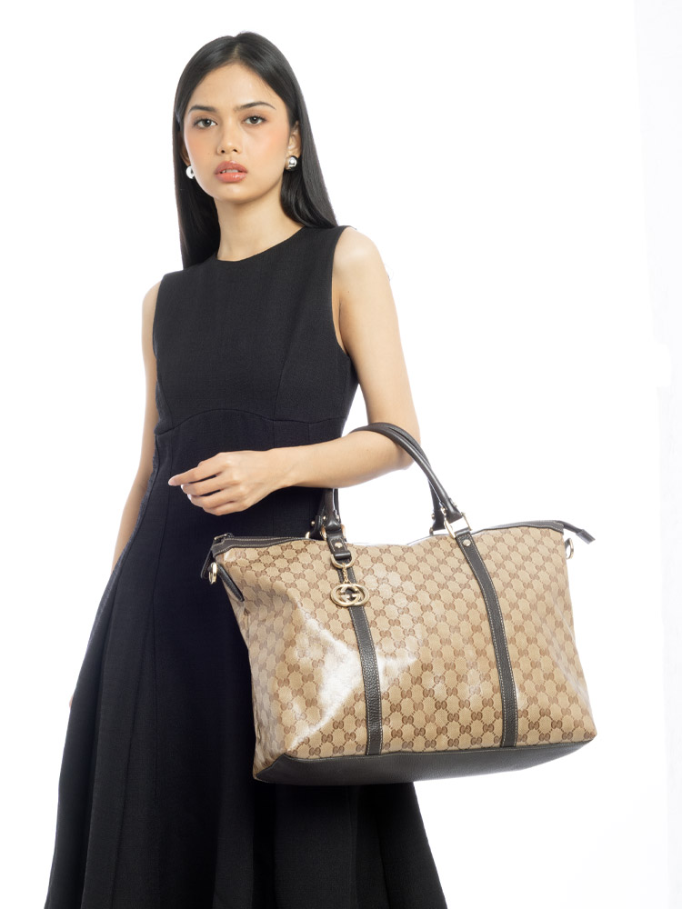 Crystal Interlocking GG Charm Weekender Tote Beige Ebony