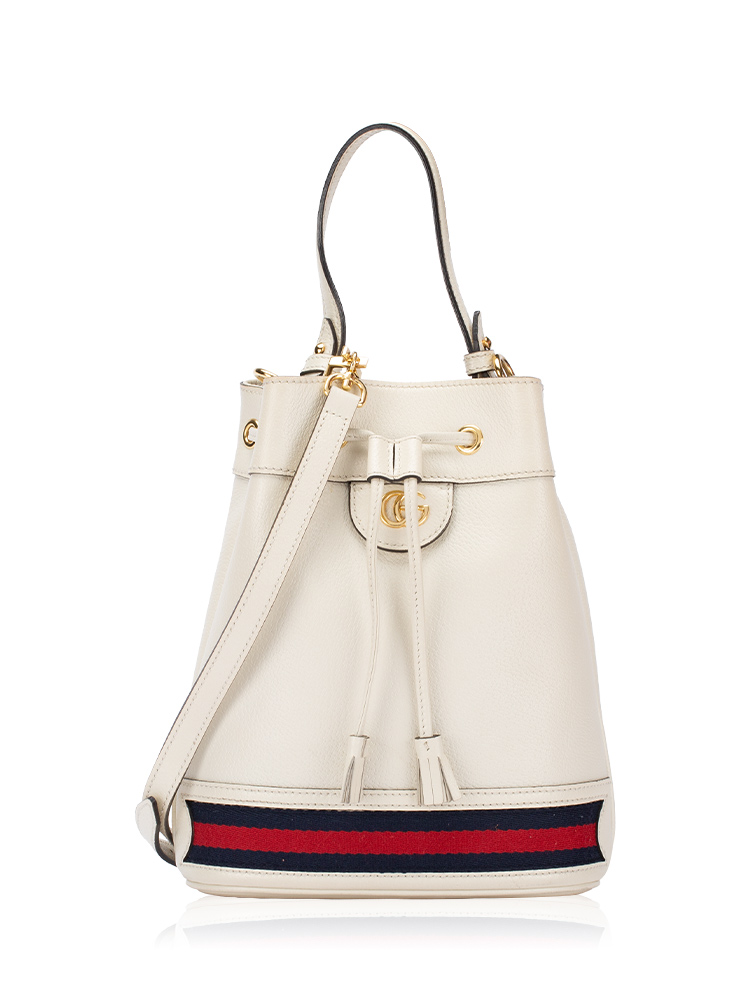 Glazed Calfskin Web Ophidia Small Bucket Bag Mystic White