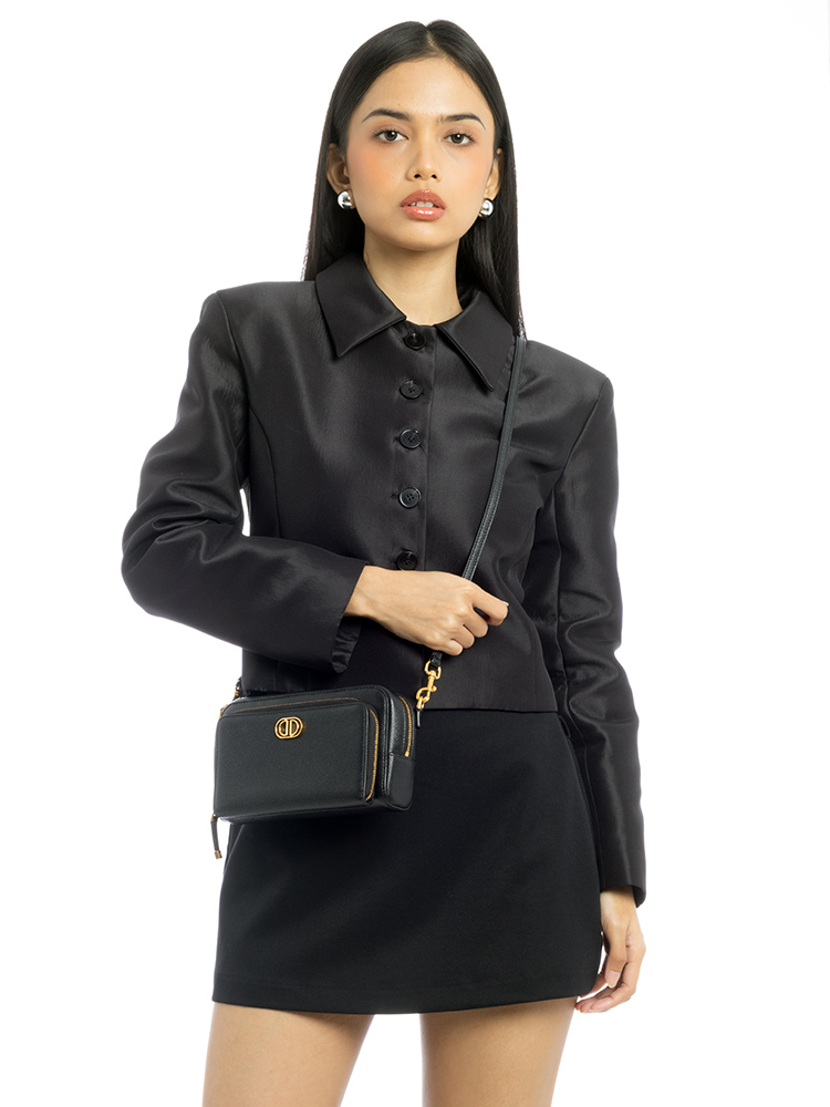 Grained Calfskin Caro Double Pouch Messenger Black