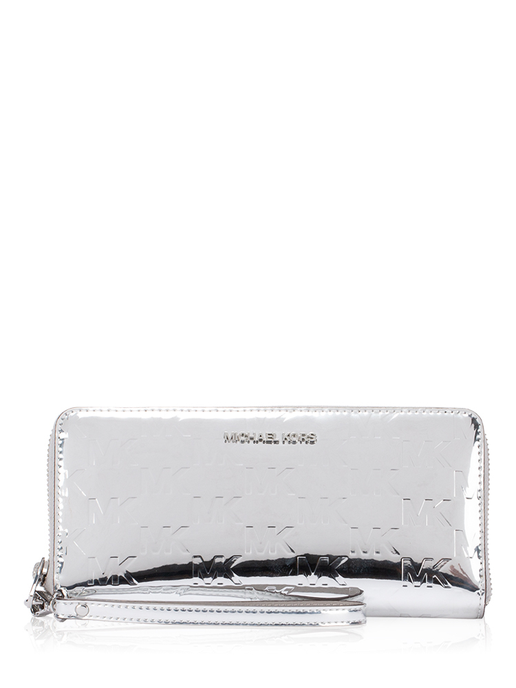 Kors Jet Set Patent Logo Debossed Large Wallet Silver
