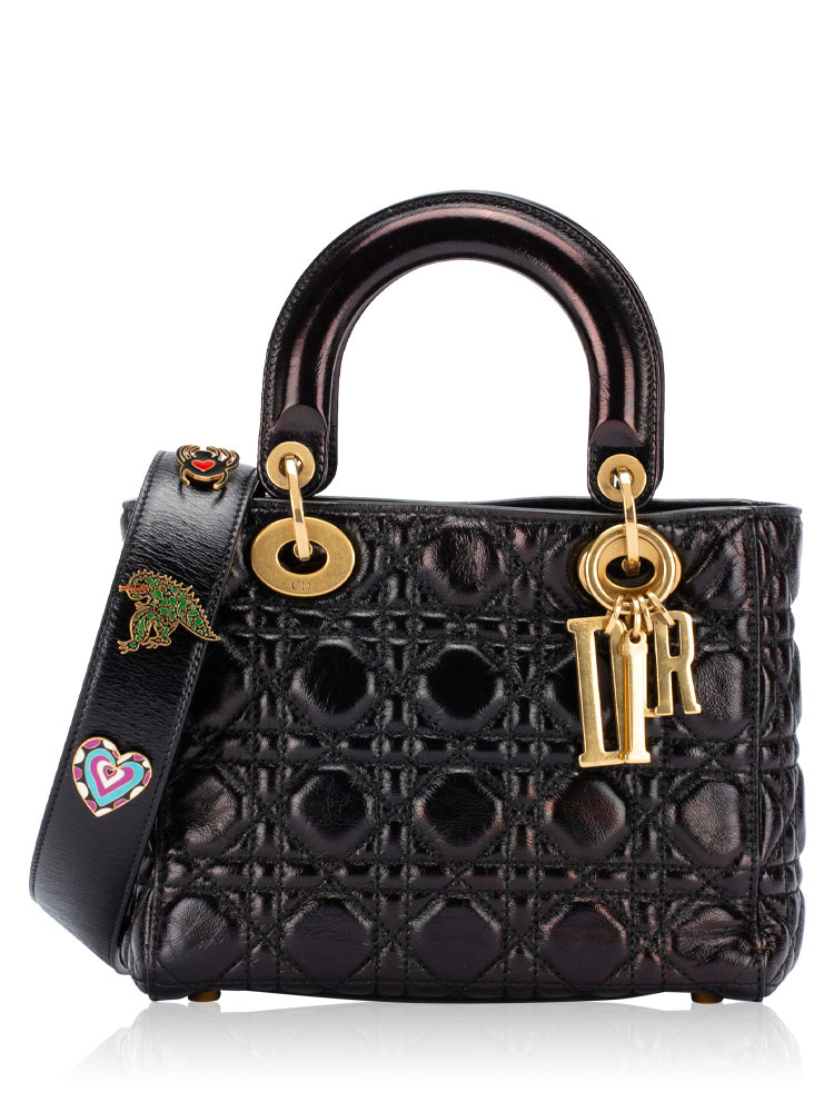 Crinkled Patent Small My Lady Dior with Lucky Badges Black