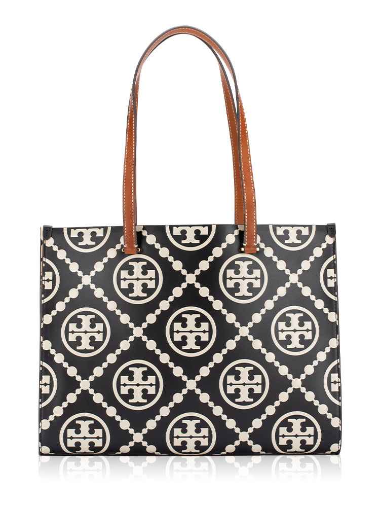 T Monogram Contrast Embossed Tote Black White