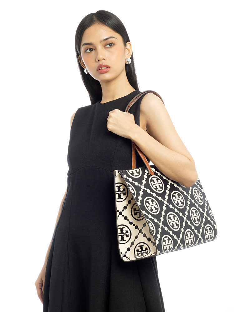 T Monogram Contrast Embossed Tote Black White