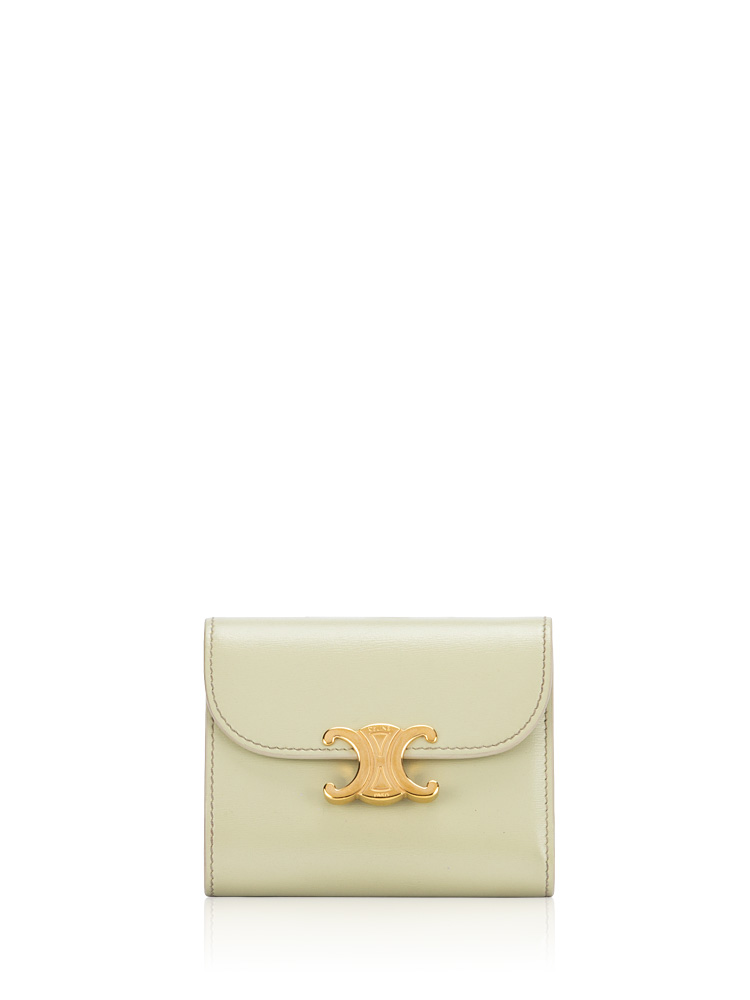 Shiny Calfskin Triomphe Small Flap Wallet Almond Green