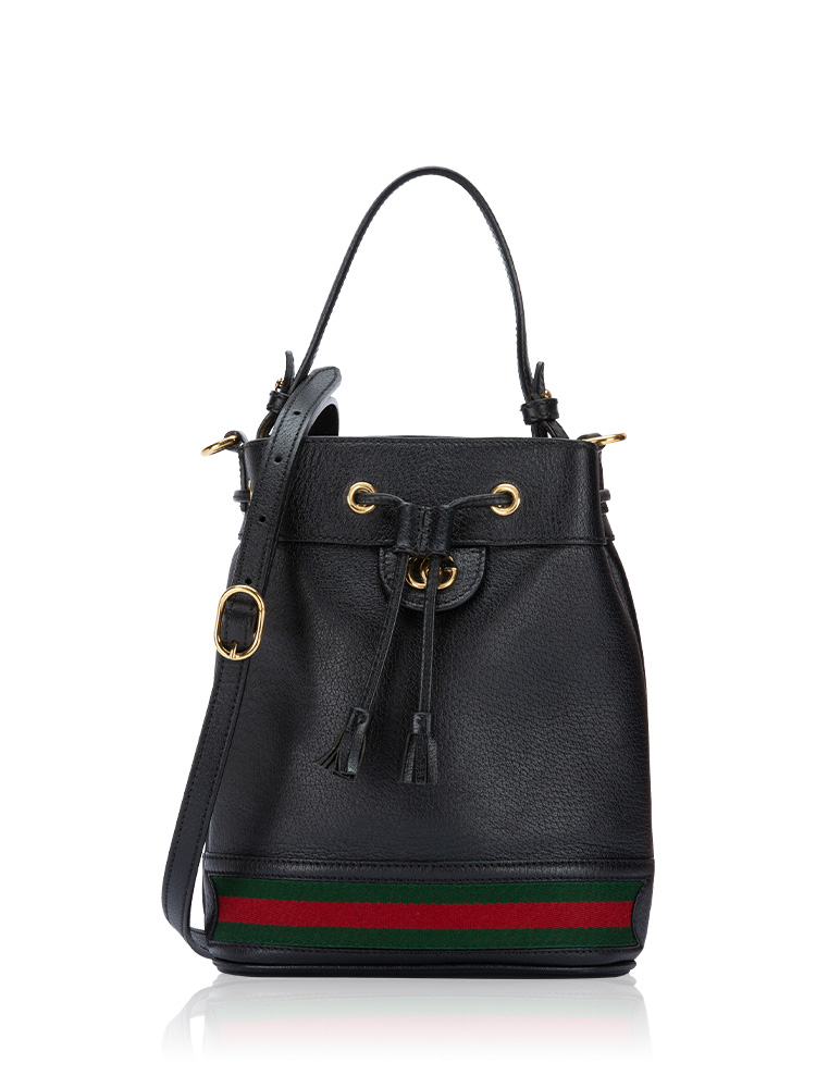 Glazed Calfskin Web Ophidia Small Bucket Bag Black