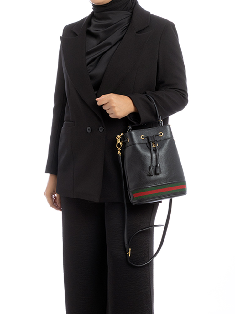 Glazed Calfskin Web Ophidia Small Bucket Bag Black